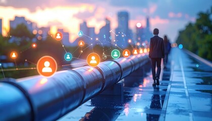 People walking on a pipeline, representing the evolution of networks and future pipelines, symbolizing connection