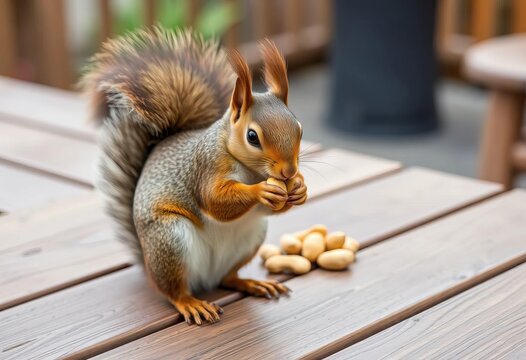 Douglas squirrel consuming peanuts on wooden patio table, Issaquah, WA,  nature,  grey