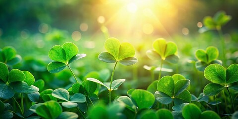 Dreamy Green Clover Field, Soft Sunlight, Lush Pasture, Spring Meadow, Nature Background