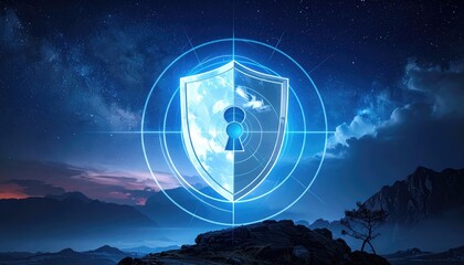 A digital security shield over the world and starry night sky background. Representing the protection of global data and secure information network