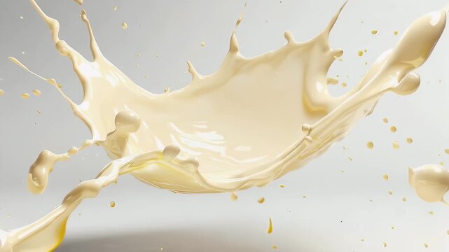 A dynamic splash of creamy, light-yellow liquid erupts mid-air against a soft gradient background. Fluid trails and droplets spread outwards