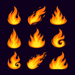 Set of Flame Vector Icons &ndash; Collection of Fire Illustrations with Different Shapes and Styles in Bright Cartoon Flat Design