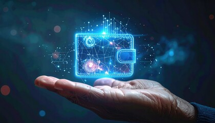 A hand holding a glowing digital wallet representing online financial security and crypto currency