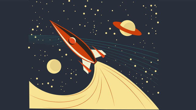 Retro-style rocket ship blasting off into outer space, leaving a trail of smoke as it travels past planets and stars