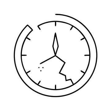 Stylized black outline of a broken clock with damaged elements