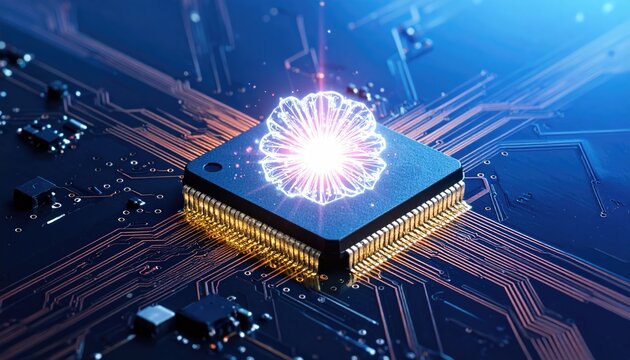 A microchip with an intricate glowing design, symbolizing advanced technology and innovation. It showcases a network of circuits and integrated components. - Powered by Adobe