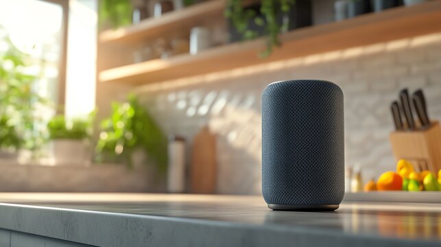 Smart speaker on kitchen countertop in sunlight.