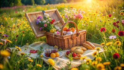Drone View: Close-up Picnic Basket in Wildflowers, Sunny Meadow
