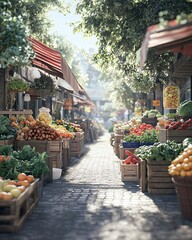 Vibrant outdoor market with fresh produce.