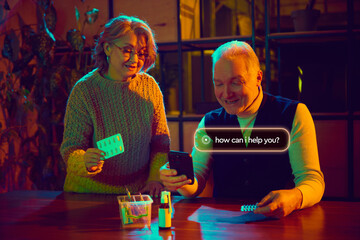 Senior couple using digital assistant for medication and health routines. Concept of healthcare promotion, medical service advertisement, smart home technology marketing, and AI voice assistant.