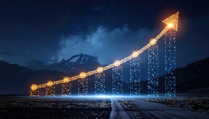 An upward arrow, illuminated, symbolizes growth and progress on a road in a vast landscape