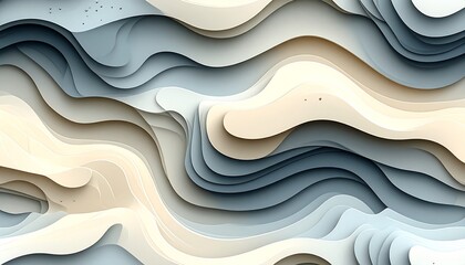  abstract layered with organic wave forms in a neutral color palette, including light grey, cream and bluish white.