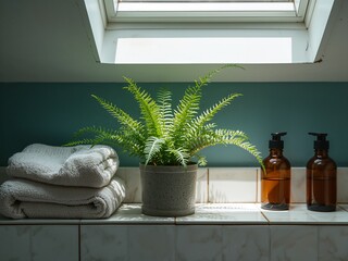 A vibrant green fern in a pot sits on a marble counter in a light-filled modern bathroom. Nearby are stacked white towels and amber soap dispensers, creating a fresh and natural minimalist decor.