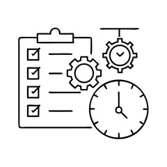 Hand-drawn checklist, gears, and clock for productivity