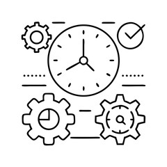 Outline icons for time, settings, and task management on white.