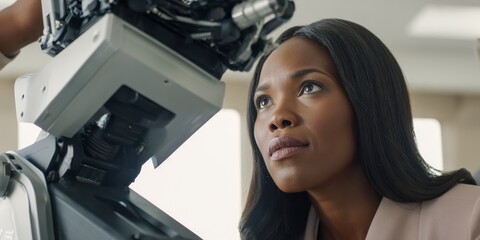 African American Woman Innovator Examining Advanced Robotics Technology in a Modern Lab Environment