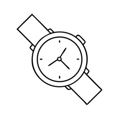 Line art illustration of a classic analog wrist watch on white.