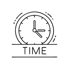 Doodle art clock graphic with 'TIME' banner on white background.