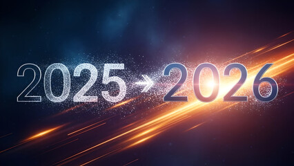 Happy New Year 2026 Background with Glowing Light Trails and Particle Transition from 2025