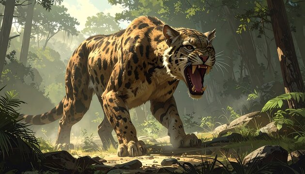 Fierce Saber-Toothed Cat Roaring in Lush Forest Setting
