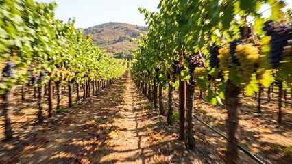 Vineyard rows with ripening grapes and vibrant green leaves blur past, creating a sense of rapid movement and speed under a bright sun flare during the autumn harvest season