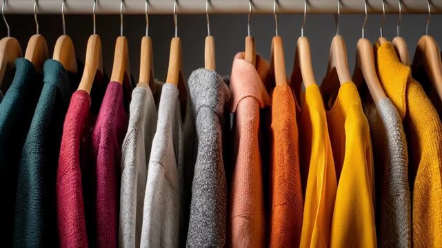 Medium shot capturing a clothing rack filled with colorful seasonal tops and jackets arranged by style and color for easy browsing.