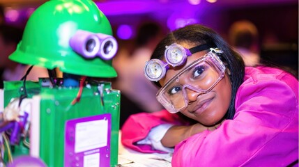 Young Engineer Posing with Her Robot Invention at Science Fair, Encouraging STEM Education and Innovation.