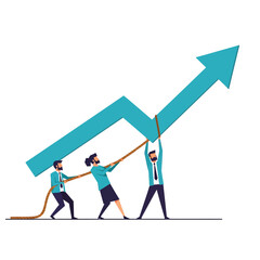 Fototapeta premium Three geometric business colleagues in this 2D flat vector illustration collaboratively pull a rope to lift a massive upward trend arrow, symbolizing collective effort and shared goal attainment.
