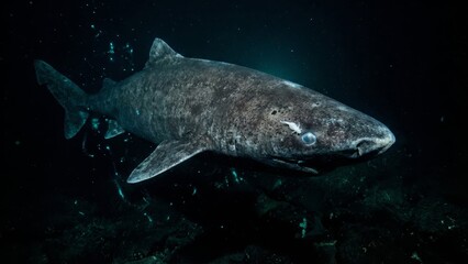 Greenland shark, a deep-sea predator and one of the longest-living vertebrates, slowly navigating its dark, cold habitat with a parasitic copepod attached near its eye