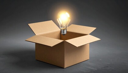 Illuminating idea, a bright light bulb shining brightly above a cardboard box