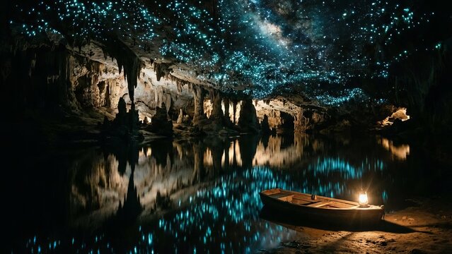 Waitomo caves displaying countless blue glowworms illuminating the reflective underground river, featuring a small boat with a lantern creating a mystical ambiance