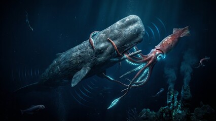 Sperm whale engaging a giant squid in an intense deep-sea battle, using powerful echolocation waves as weapon against its bioluminescent foe among hydrothermal vents
