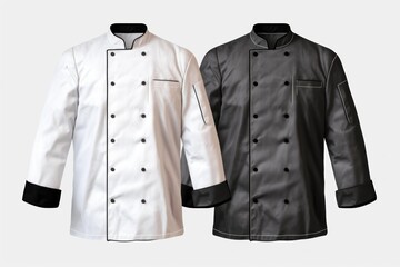 Two modern uniforms, white and black chef jackets, for culinary professionals