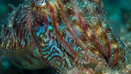 Cuttlefish showcasing its intricate skin patterns and brilliant colors, expertly blending into the textured seabed environment through rapid chromatophore changes