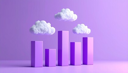 Conceptual Visualization of Data and Cloud Computing. This image showcases bar graphs with fluffy clouds suspended above them, set against a vibrant purple backdrop