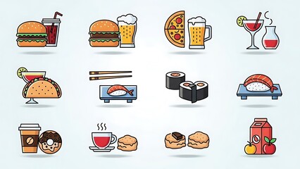 Assorted Food and Drink Icons Set.