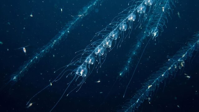 Siphonophore colony displaying bioluminescent light while drifting through the dark deep sea, showcasing marine biology and fascinating zooid structures in the vast ocean depths