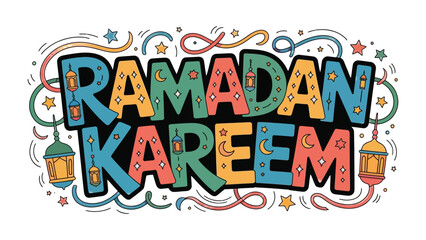 Ramadan Kareem Illustration: A vibrant and celebratory design, featuring the greeting Ramadan Kareem in a colorful, illustrated style with festive embellishments.