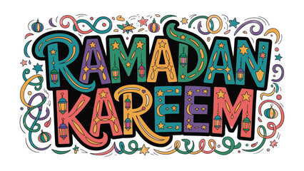 Ramadan Kareem Illustration: Festive and colorful lettering spells out Ramadan Kareem, evoking the spirit of the holy month with decorative elements.