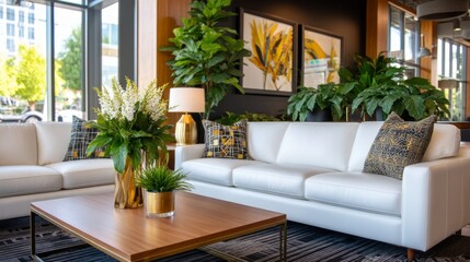 Stylish Lounge Interior with Modern Design and Lush Greenery Elements