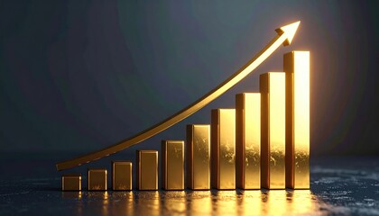 Golden bar chart shows upward trend and growth. The chart suggests continuous development