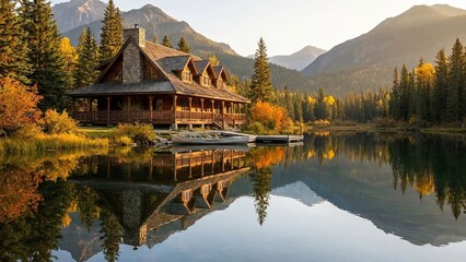 Wooden log cabin standing by a reflective mountain lake with a docked canoe, surrounded by autumnal forest trees and distant peaks creating a serene nature landscape