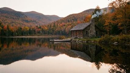 Obraz premium Wooden log cabin standing by a reflective mountain lake with a docked canoe, surrounded by autumnal forest trees and distant peaks creating a serene nature landscape