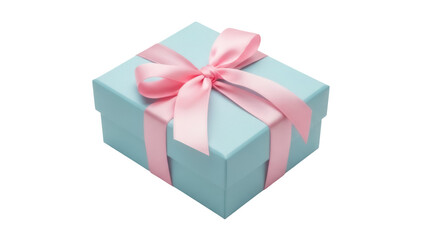 Fototapeta premium Light blue gift box with pink ribbon isolated PNG, present for birthday or special occasion on transparent background