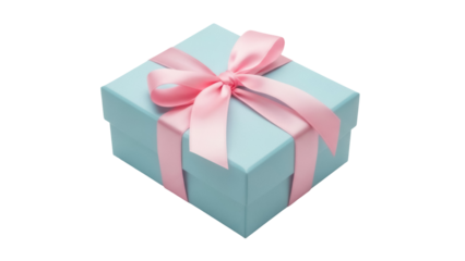 Light blue gift box with pink ribbon isolated PNG, present for birthday or special occasion on transparent background