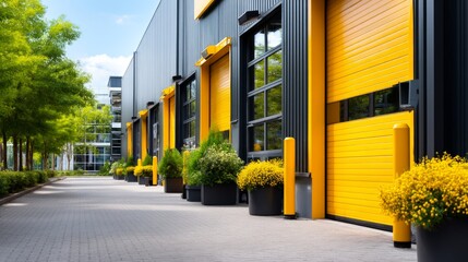 Bright Industrial Warehouse with Insulated Doors Surrounded by Greenery and Flowers