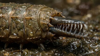 Hellgrammite larva showing its large, sharp mandibles and powerful mouthparts, an aquatic insect predator living in freshwater habitats with a hardened exoskeleton