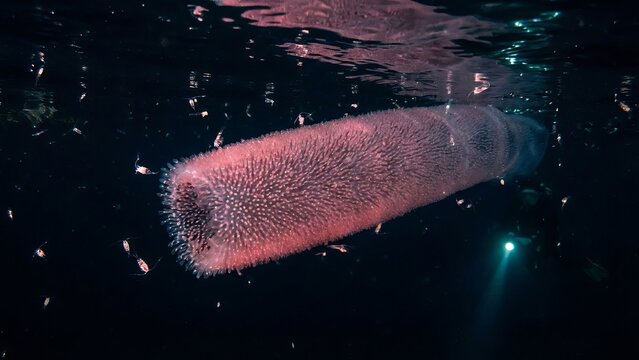 Pyrosome, a free-floating colony of thousands of tiny zooids, glowing with bioluminescence in the deep ocean, surrounded by small plankton and illuminated by a dive light