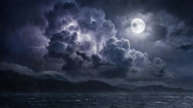 Full moon illuminating thick storm clouds over a dramatic ocean coastline, with a lighthouse standing resilient against the powerful winds and rough sea - Powered by Adobe