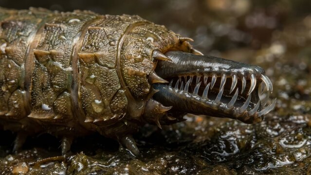 Hellgrammite larva showing its large, sharp mandibles and powerful mouthparts, an aquatic insect predator living in freshwater habitats with a hardened exoskeleton